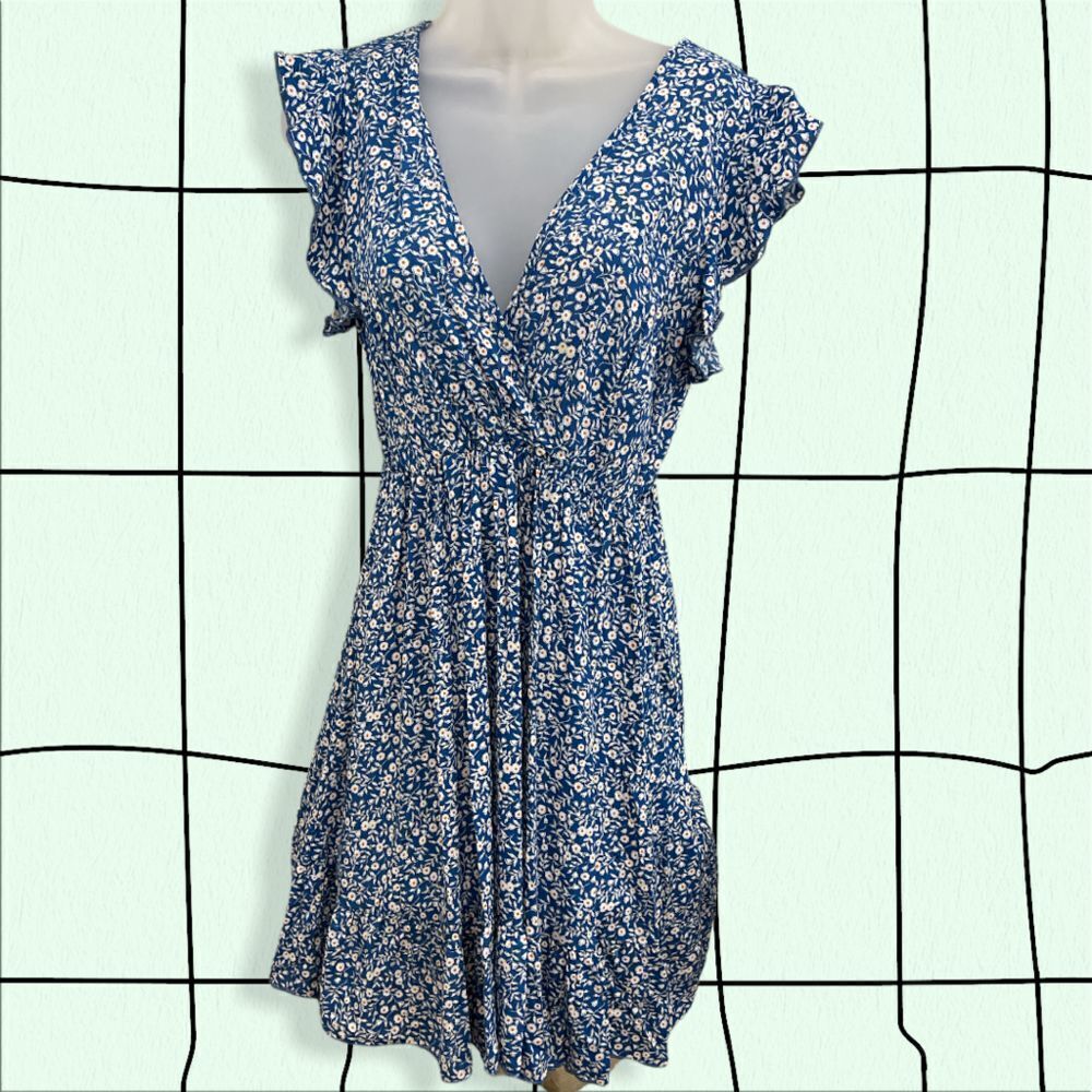 Mini Floral  Dress, Elastic Waist - Size S - Blue/ White